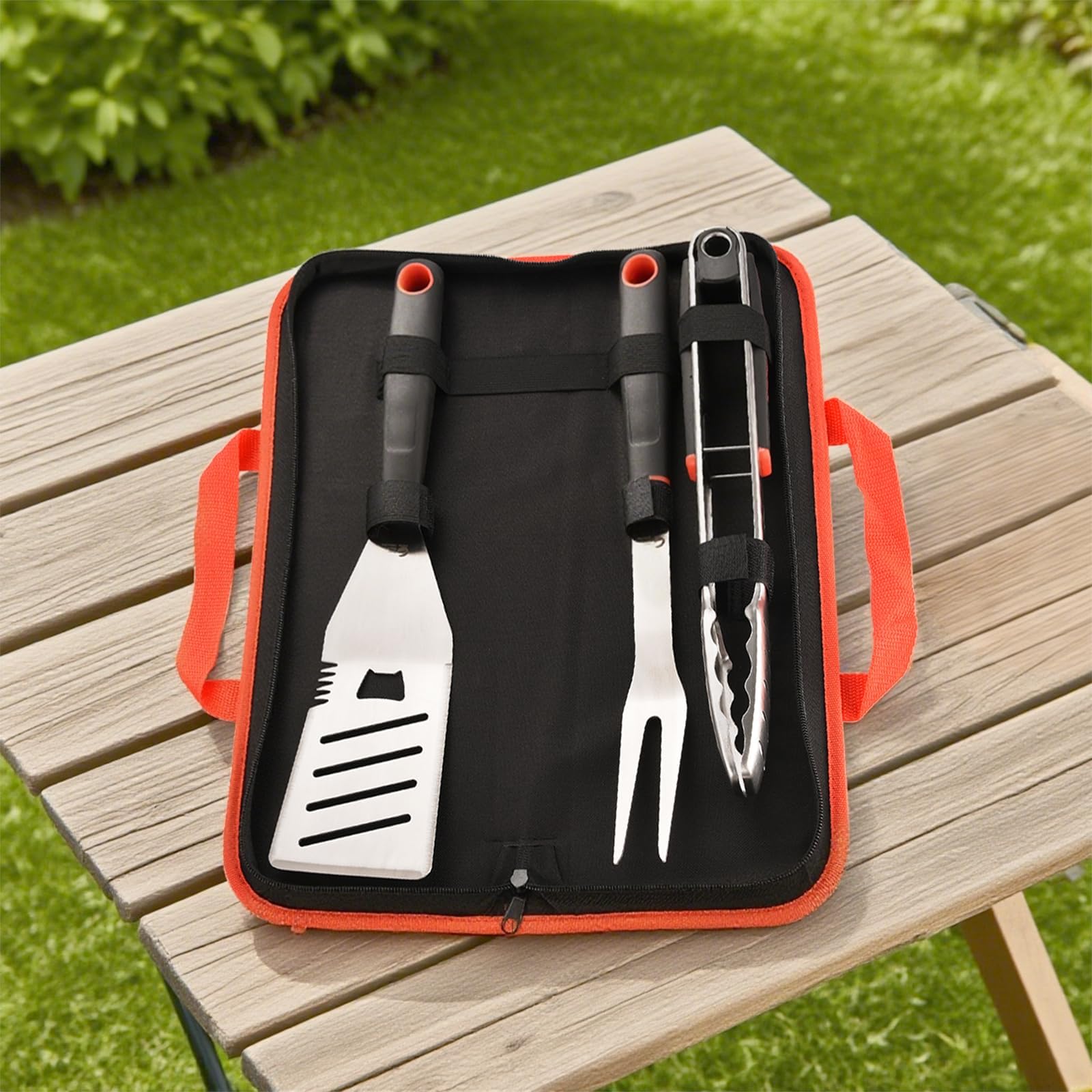 JJ19627 - Juego de herramientas para barbacoa, espátula, tenedor y pinzas de acero inoxidable, con bolsa portátil, accesorios esenciales para barbacoa y parrilla, regalos de cocina para hombres