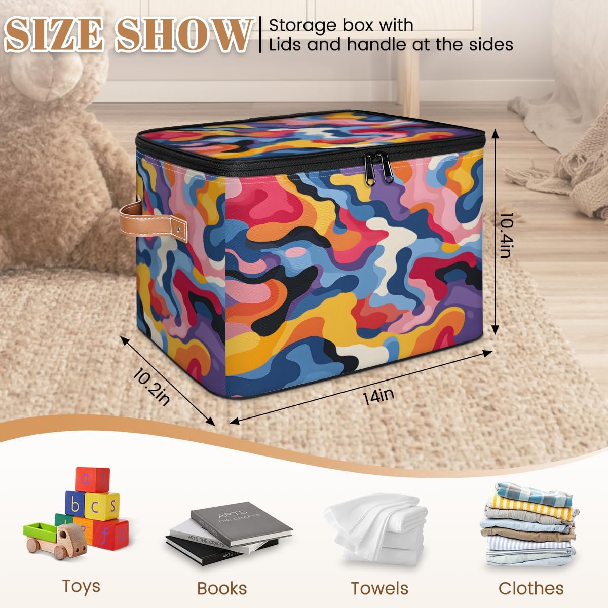 Storage Bin Set of 2 Abstract Camo Storage Basket with Zipper Lid & Handle Foldable Closet Shelf 2 Pack Cloth Organizer Basket Cube Bins Clothes Organizer for Bedroom, Nursery