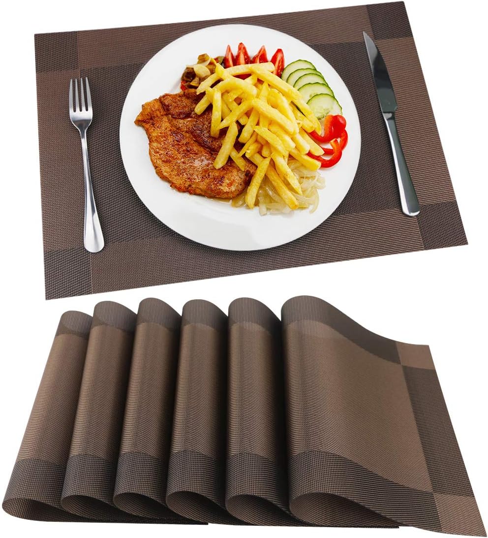Fanuk Non-slip Insulation Washable PVC Placemats Mats for dining Table Set of 6 (Brown)