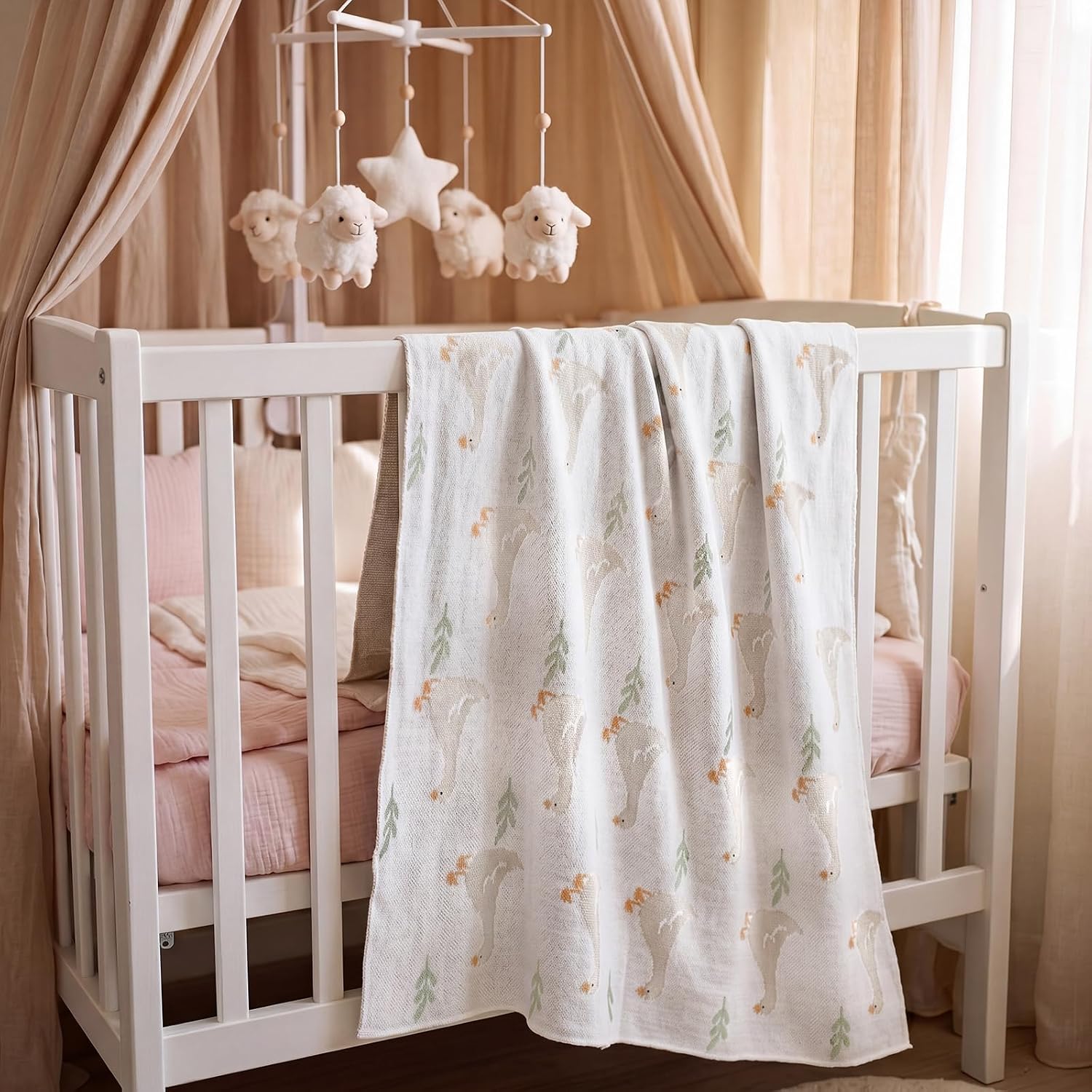 SmoothNovelty Silly Goose Baby Blanket Cute 100% Knitted Cotton Swaddle Cover Receiving Nursery Baby Shower Goose Gift for Newborn Swaddle Infant Crib (White,52 x 36 Inch)