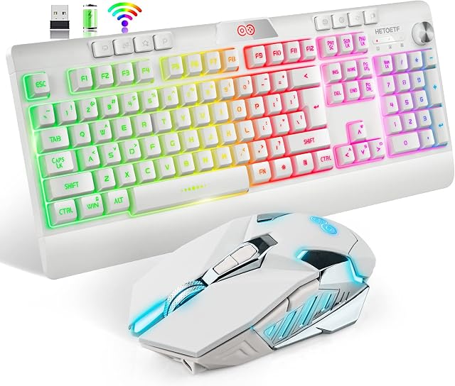 HETOETF Update H8 Wireless Gaming Keyboard and Mouse Set 4800mAh Long Battery Life RGB Chroma LED Backlit 2.4G Rechargeable Mechanical Feel Keyboard, 2400DPI 6 Buttons Mouse for Computer Mac Gamer