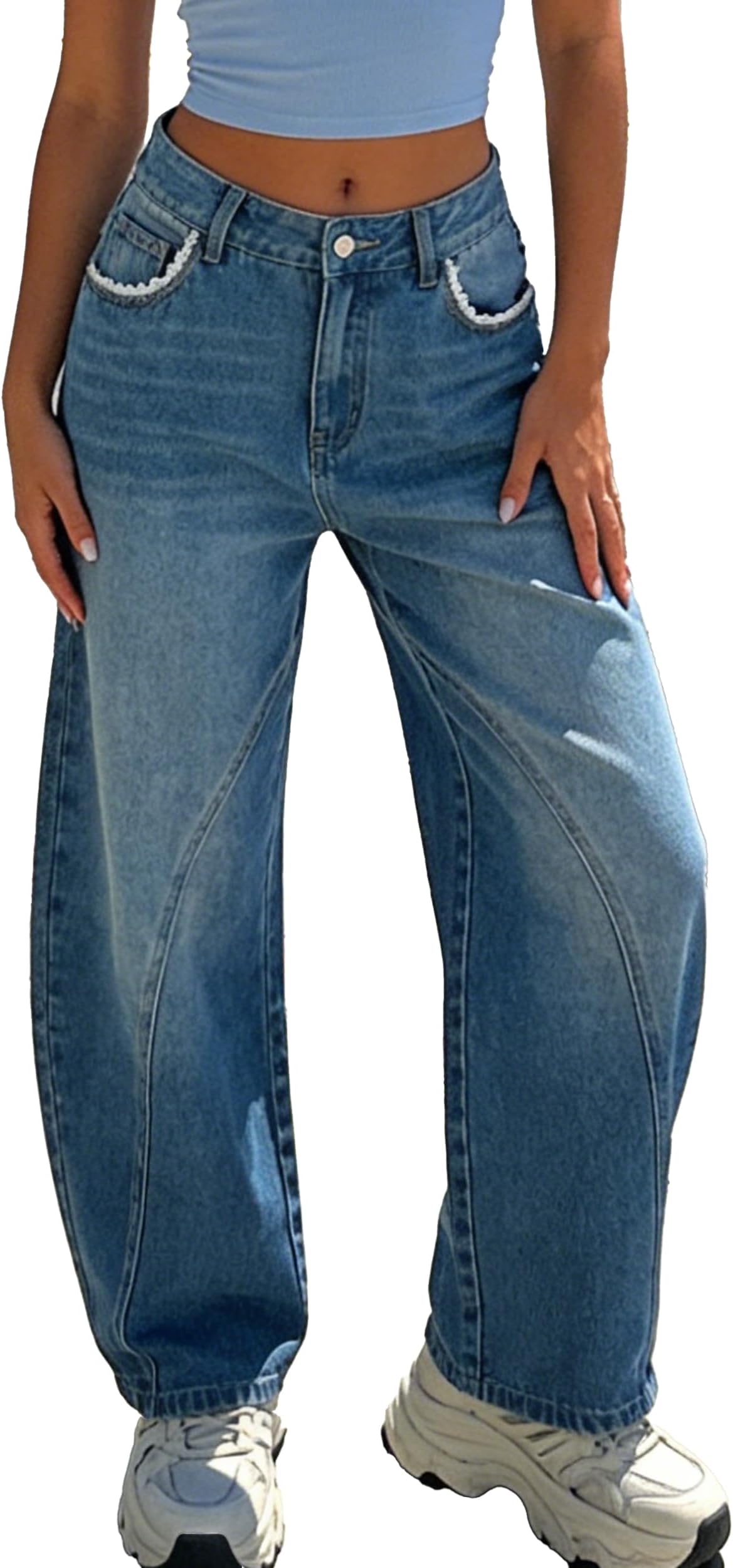 Women's Baggy Barrel Jeans Wide Leg Lace Trim Denim Pants Mid Rise Casual Loose Y2K Vintage Boyfriend Trousers