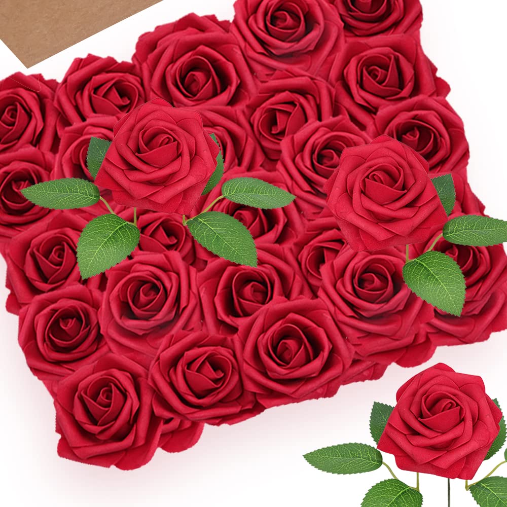 Noczom25 Red Artificial Roses, Artificial Simulation Roses, Roses Foam Flowers With Rods Plus Leaves, Artificial Foam Roses, Foam Fake Roses (Red)