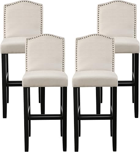 Miniatura 1 de NOBPEINT Taburetes de bar con respaldo de tela con tachuelas de 29 pulgadas, juego de 4 (beige)