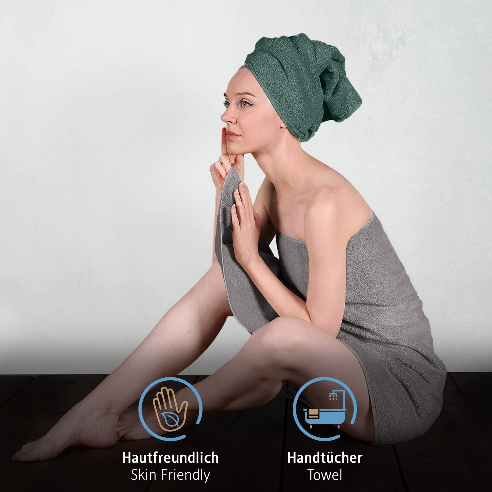 Komfortec Set di 6 asciugamani in 100% cotone, 2 teli da bagno da 70 x 140 cm e 4 asciugamani da 50 x 100 cm, spugna, morbido, antracite grigio/verde scuro