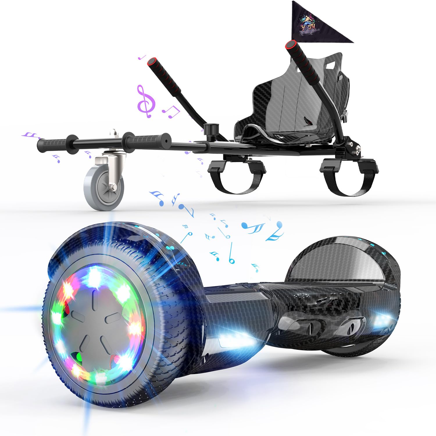 6,5" Hoverboards avec Hoverkart, Skateboard avec Siège pour Enfants Adultes, Hoverboards avec Siège, Batterie 4Ah, Hoverboards avec Musique Bluetooth et Lumières LED,Max 15 km/h