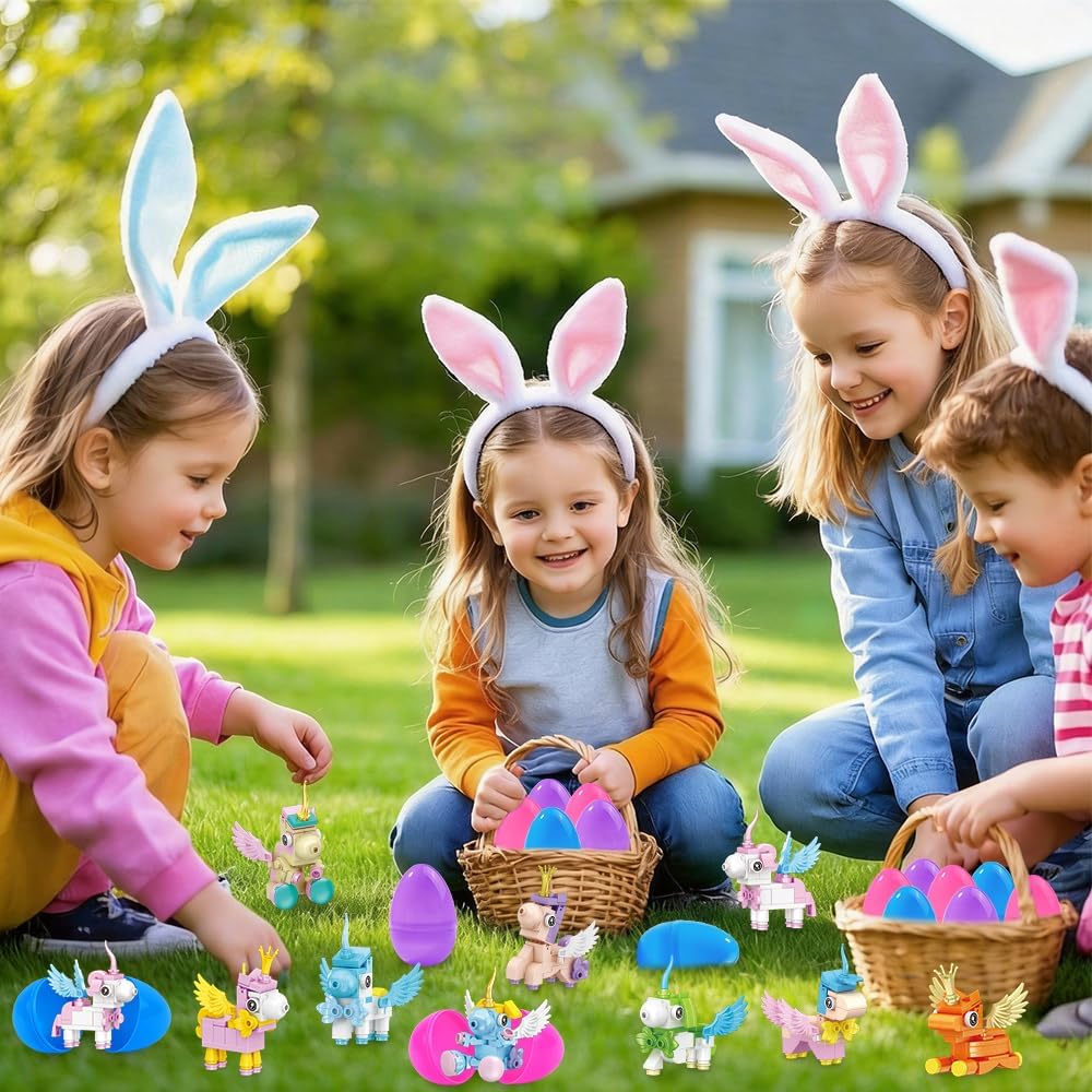 12Pcs Prefilled Easter Eggs with Unicorn Building Blocks for Kids Easter Animals Buildings for Egg Hunt Basket Stuffers Easter Unicorn Toys for Boy Girl Party Favors Classroom Prizes