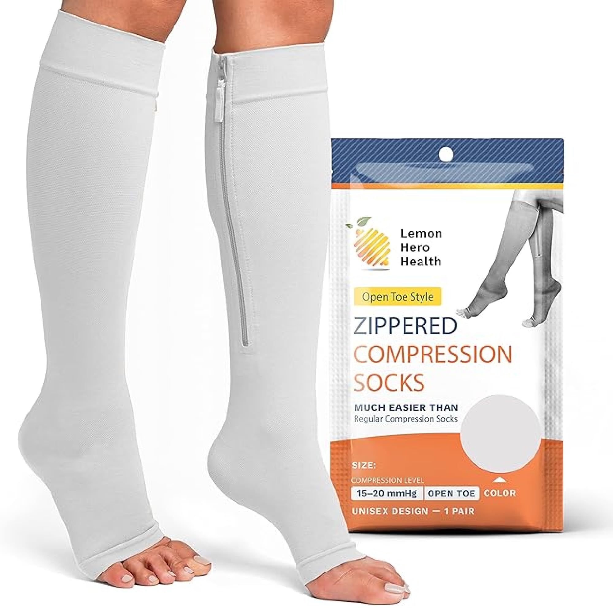 lemon hero medical compression socks - open toe 15-20 mmhg zipper compression diabetic socks, improves blood circulation, reduces swelling & pain - for nurses & running – 3xl, white [1 pair]