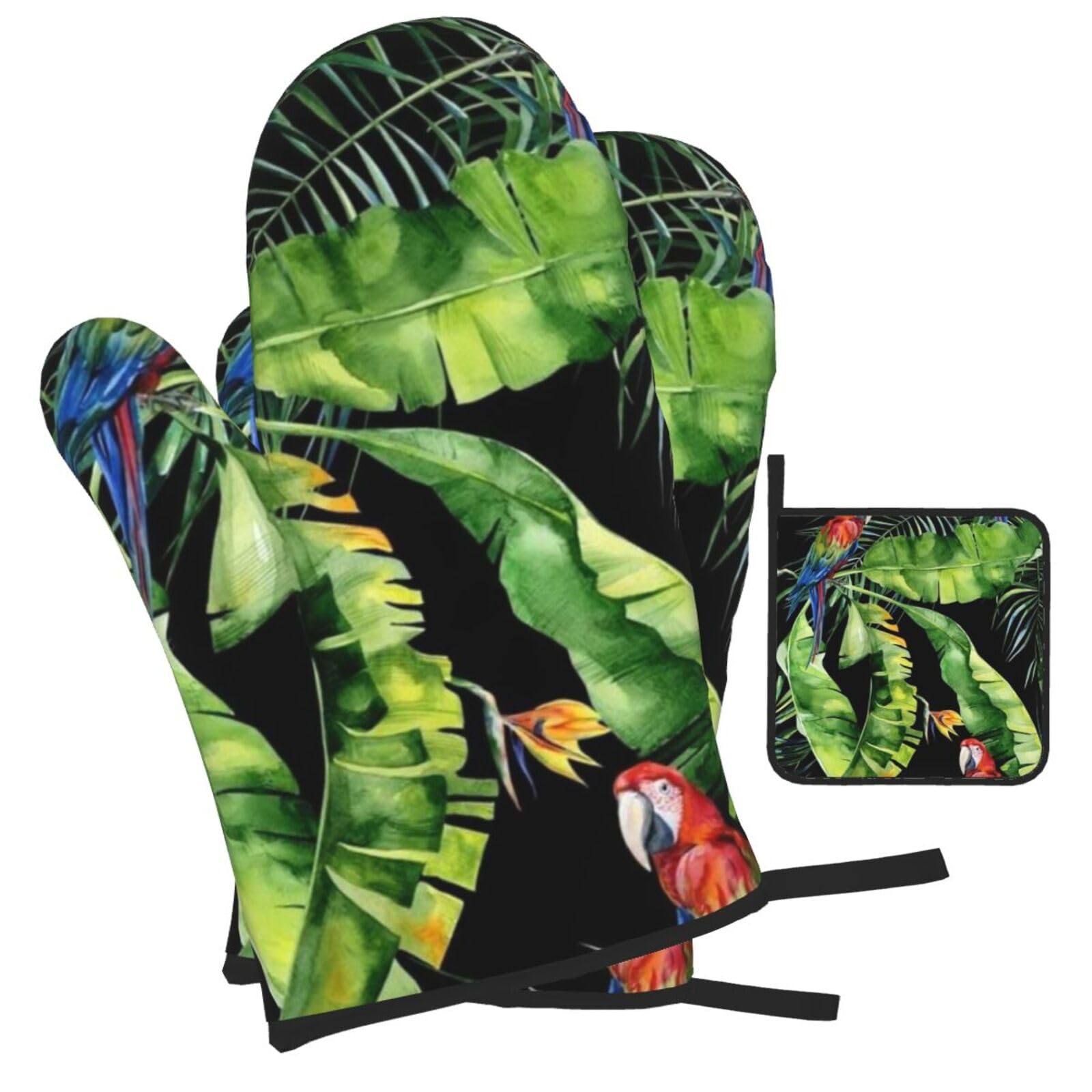 Toucan Perching of American Rainforests Printed Oven Mitts and Pot Holders Heat Resistant Set of 3 Pcs, Modern Kitchen Gloves & Potholders for Cooking Baking Grilling