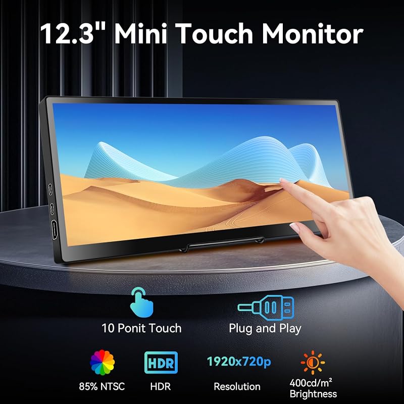 Prechen 12.3" hordozható érintőképernyős monitor 1920x720 IPS, összecsukható állvánnyal és hangszóróval