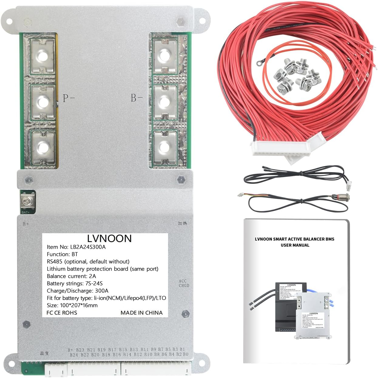 LB2A Smart Active Balancer BMS for Li-ion NCM LFP LiFePo4 LTO Battery Management System 3S to 24S 150A 200A 300A with APP Control 12V 24V 48V 60V 72V 84V (7-24S, 300A)