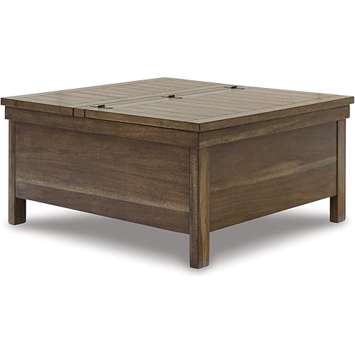 Signature Design by Ashley Moriville Rustic Hinged and Lift Top Cocktail Table with Hidden Storage, Light Brown