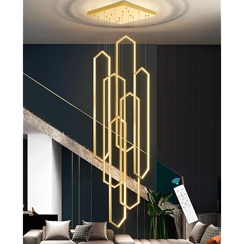 6-Rings Chandelier Modern, Gold Large Contemporary LED Light for Living Room Entrance, Dimmable Flush Mount High Ceiling Chandeliers with Remote Control for Villa Foyer