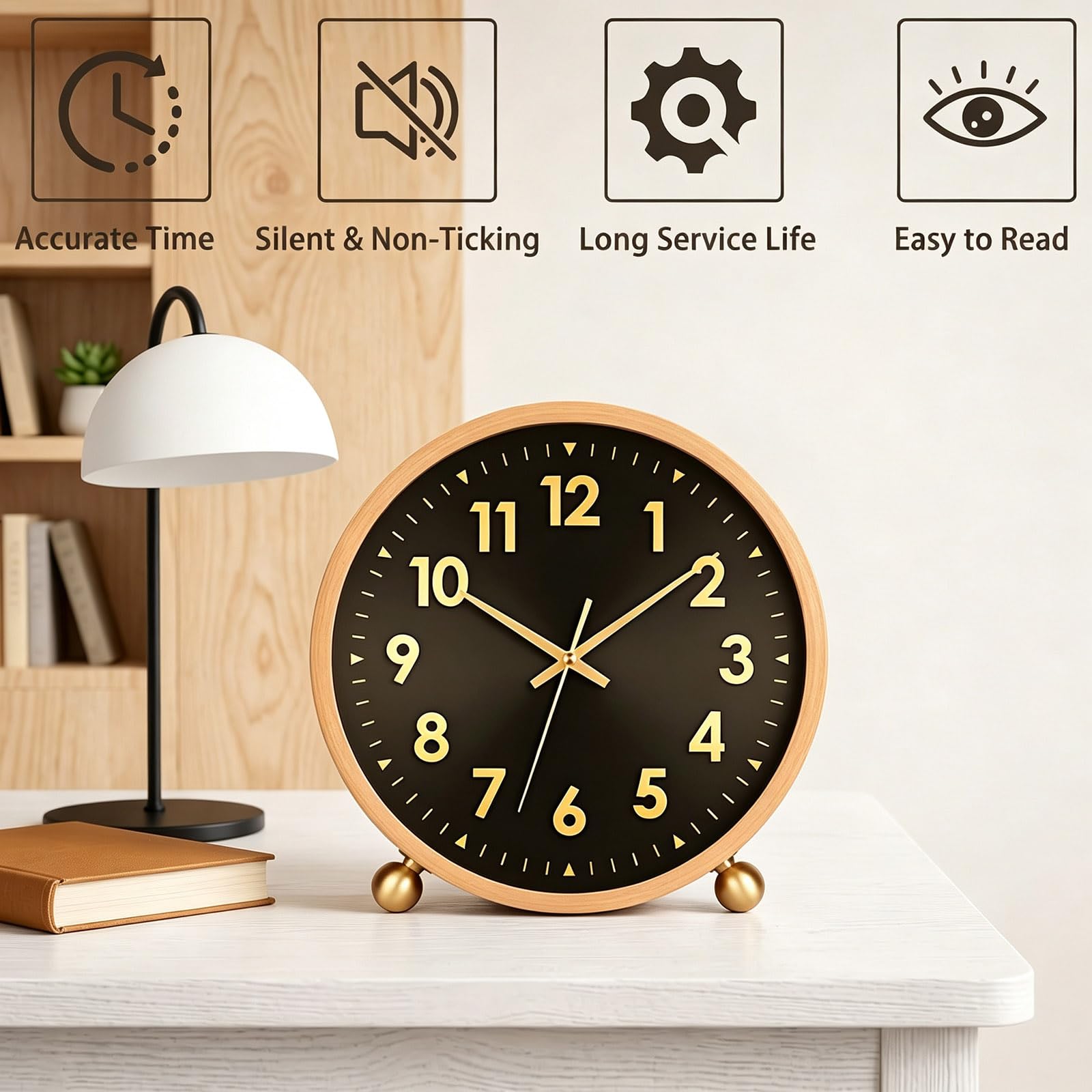 Reloj de escritorio analógico de madera, 20 cm, sin garrapatas, para
