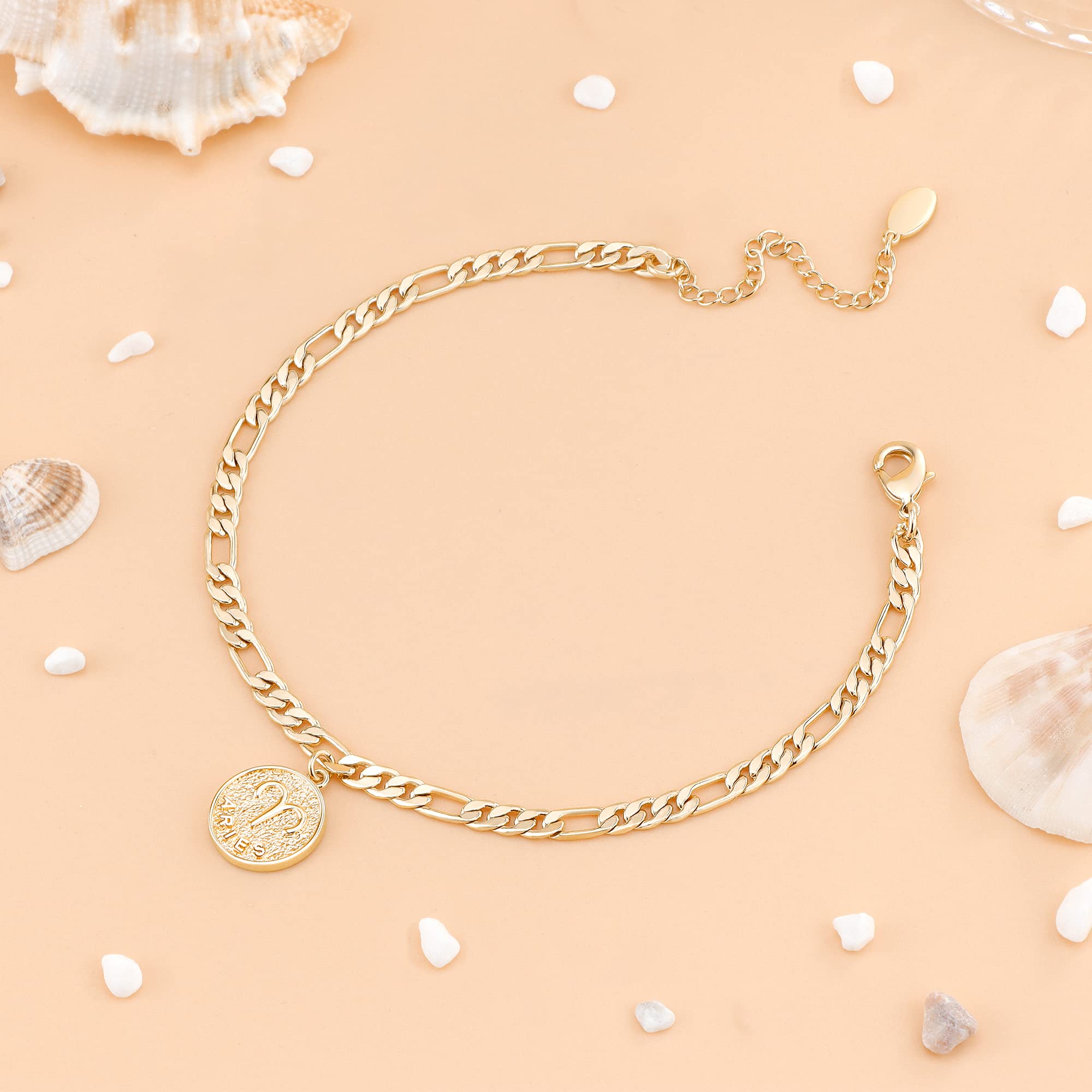 Dainty Zodiac Constelación cadena tobillera Signo del zodiaco Disco Aries Figaro Cadena Tobillera Pulsera de Oro Real de 14 K para Mujer 5