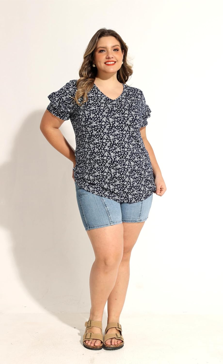 TIYOMI Plus Size Tops for Women Ruffle Shirts Button Short Sleeve Summer V Neck Tunics XL-5XL - Image 7