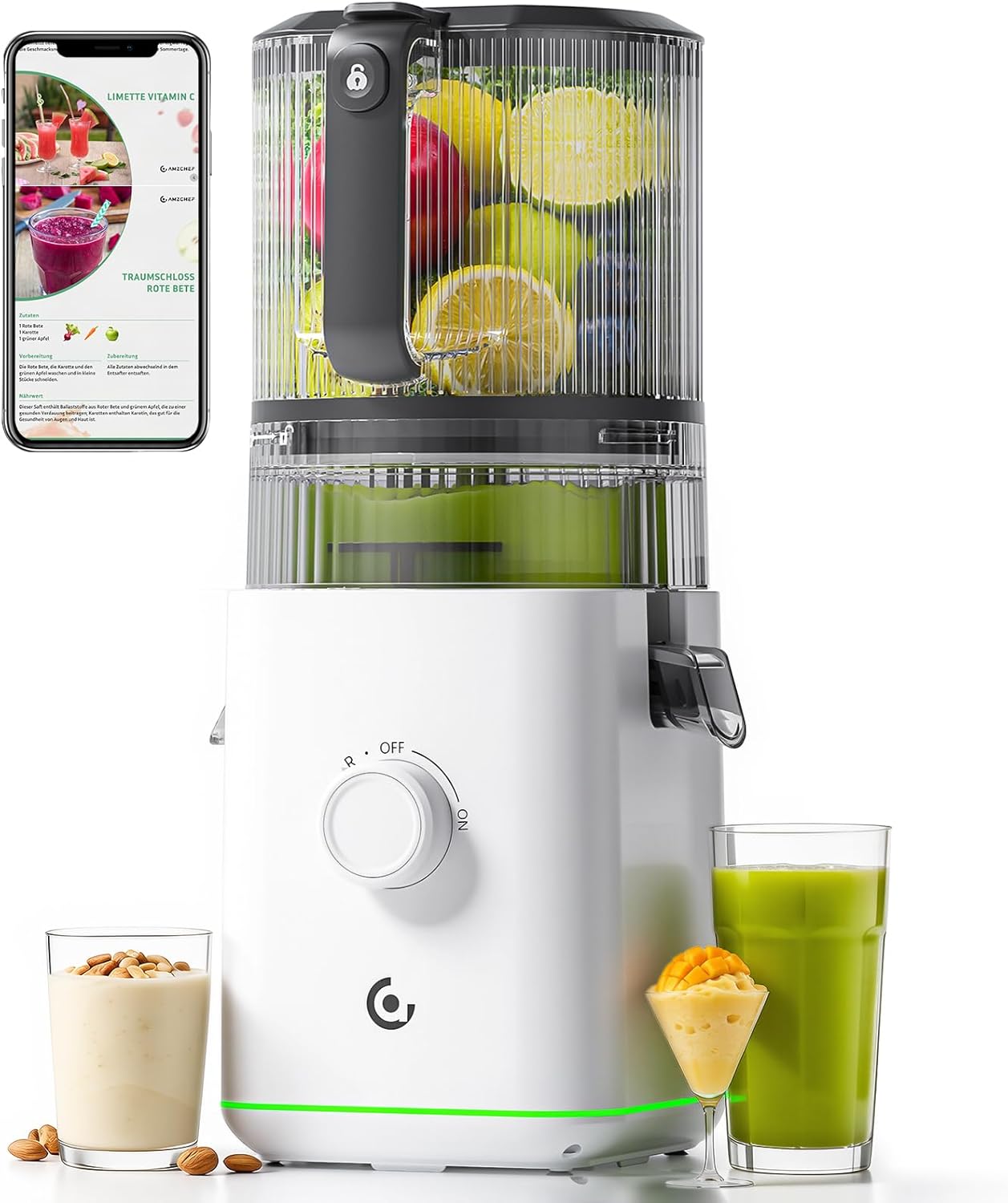 Juicer Machines, 3-in-1 Cold Press Juicer with 6.5" Large Feed Chute for Whole Fruits & Vegetables, 100oz Large Capacity for Family Use, Easy to Clean, White