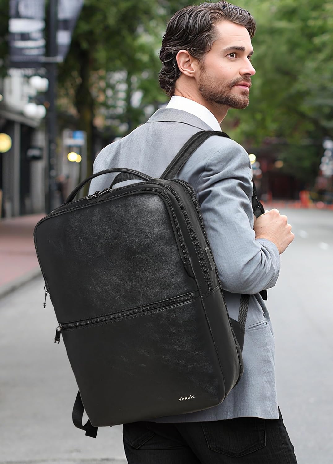 Shrrie Vegan Leather Laptop Backpack for Women&Men,16 Inch Expandable Backpack with USB Charging Port,Two-toned Black