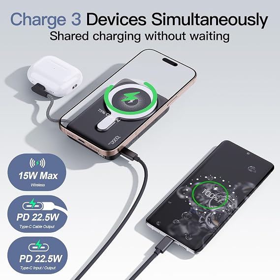 2026 Updated M3 Ultra Slim 0.4'' Wireless Power Bank with Built in Cable | 10000mAh Magnetic Portable Charger with Strap, Battery Pack Travel Essentials for iPhone 17/16/15/14/13/12/Pro Max Andriod