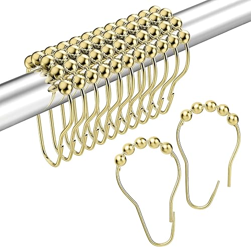 MitoVilla Anillos de acero inoxidable para cortina de ducha, ganchos dorados para cortina de ducha, bolas rodantes, anillos de ducha a prueba de