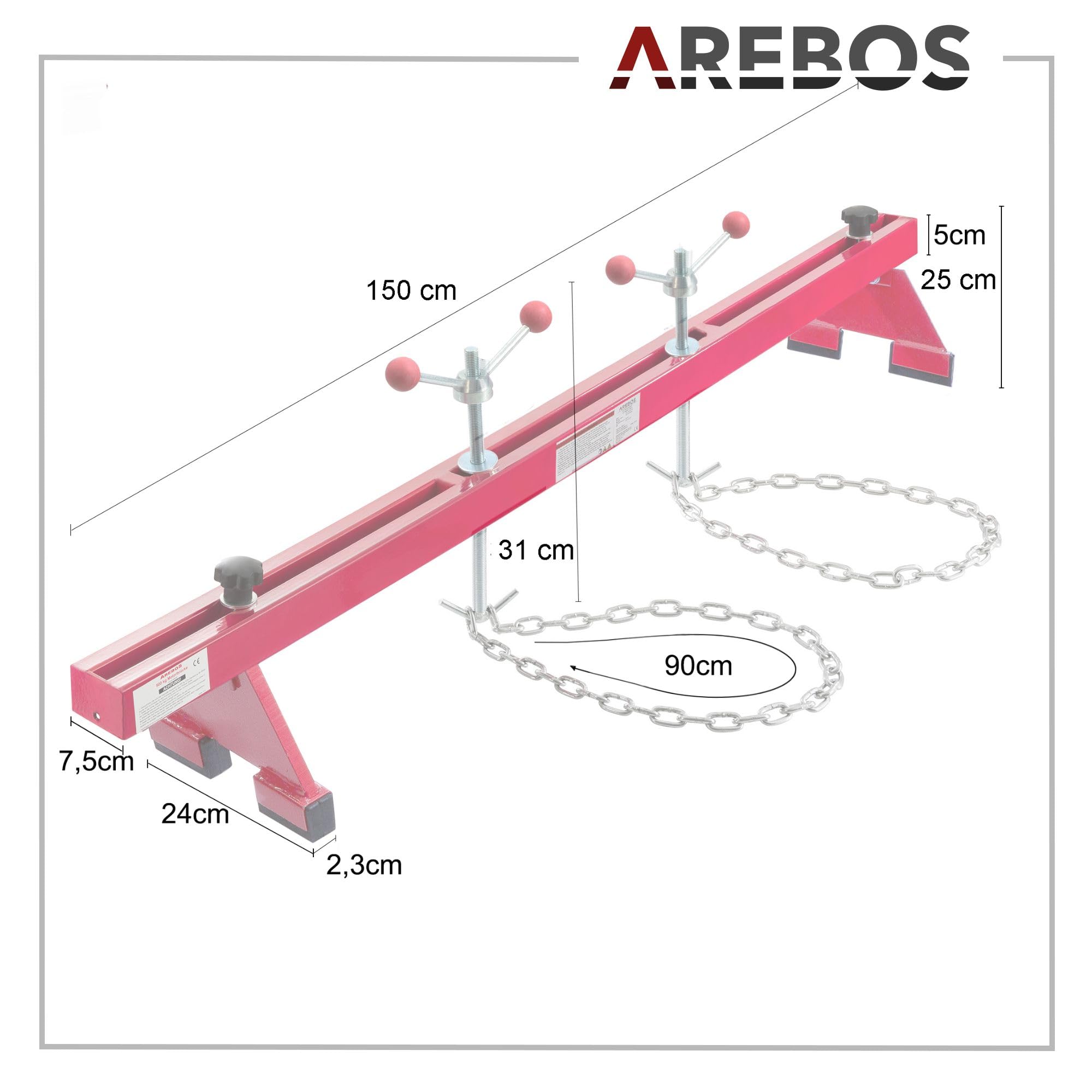 Arebos Motorbrücke 500kg [730-1480mm] Kotflügeltraverse Motorheber Motorhalter Motor Traverse | Lackierter Stahl | Rot