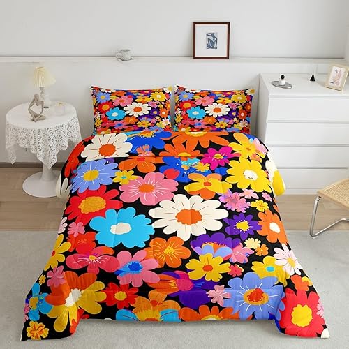 Miniatura 28 de Feelyou Groovy - Juego de edredón de flores para niñas y niños, edredón retro floral bohemio con hongos de los años 70, juego de ropa de cama de