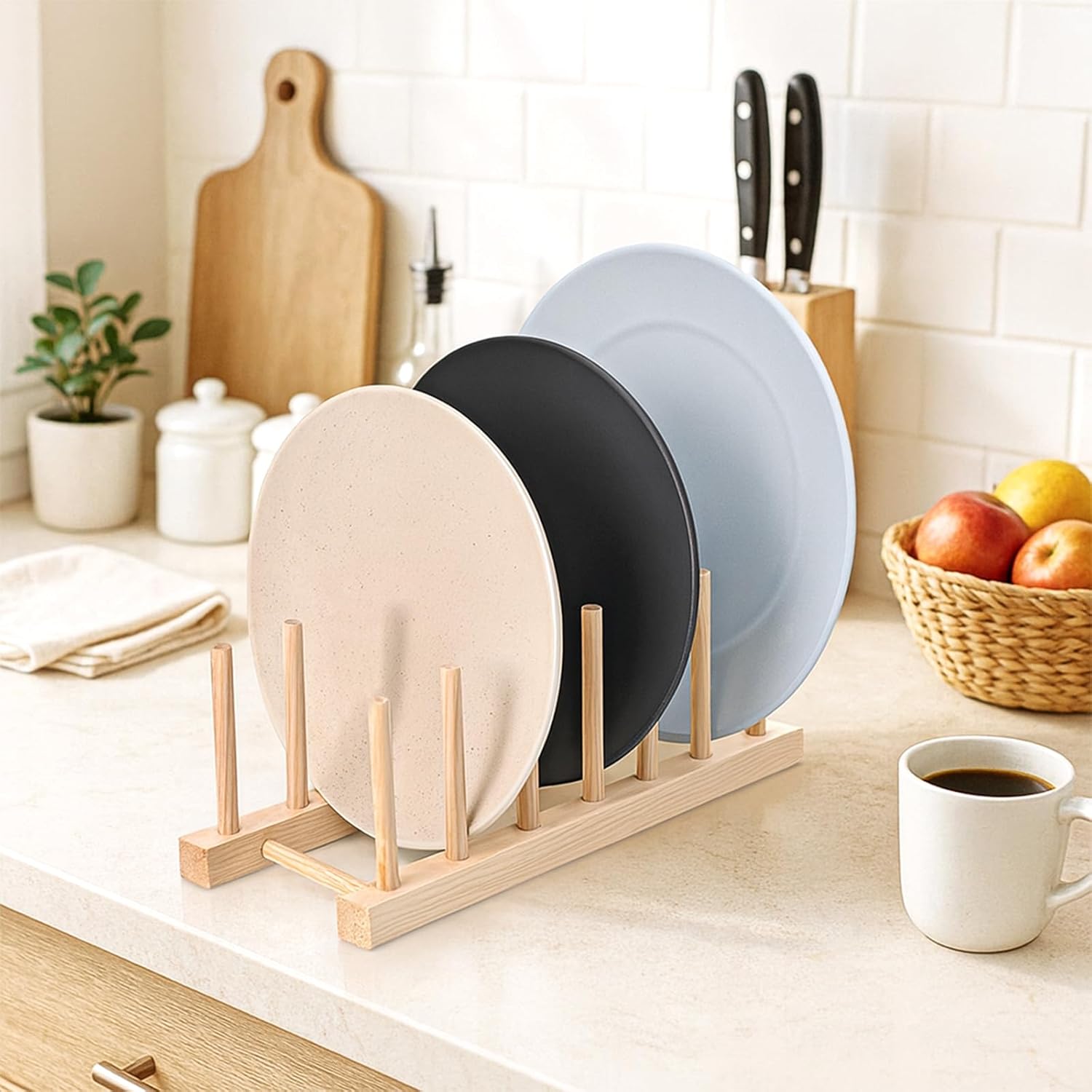 SHENLIU 8 Pcs Bamboo Wooden Plate Rack, 6 Slots Plate Organizer Dish Drying Rack Stand Drainer for for Kitchen Pot Lid Bowl Cup Book Cutting Boards