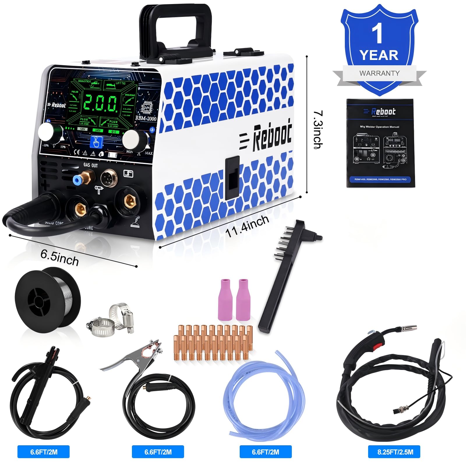 Soldadora MIG 200A 5 en 1 – Inverter Sinérgica con MMA, MIG Gas/Gasless, Lift TIG, Soldadura por Puntos – Pantalla LED, Regulación Velocidad Hilo – RBM2000 PRO