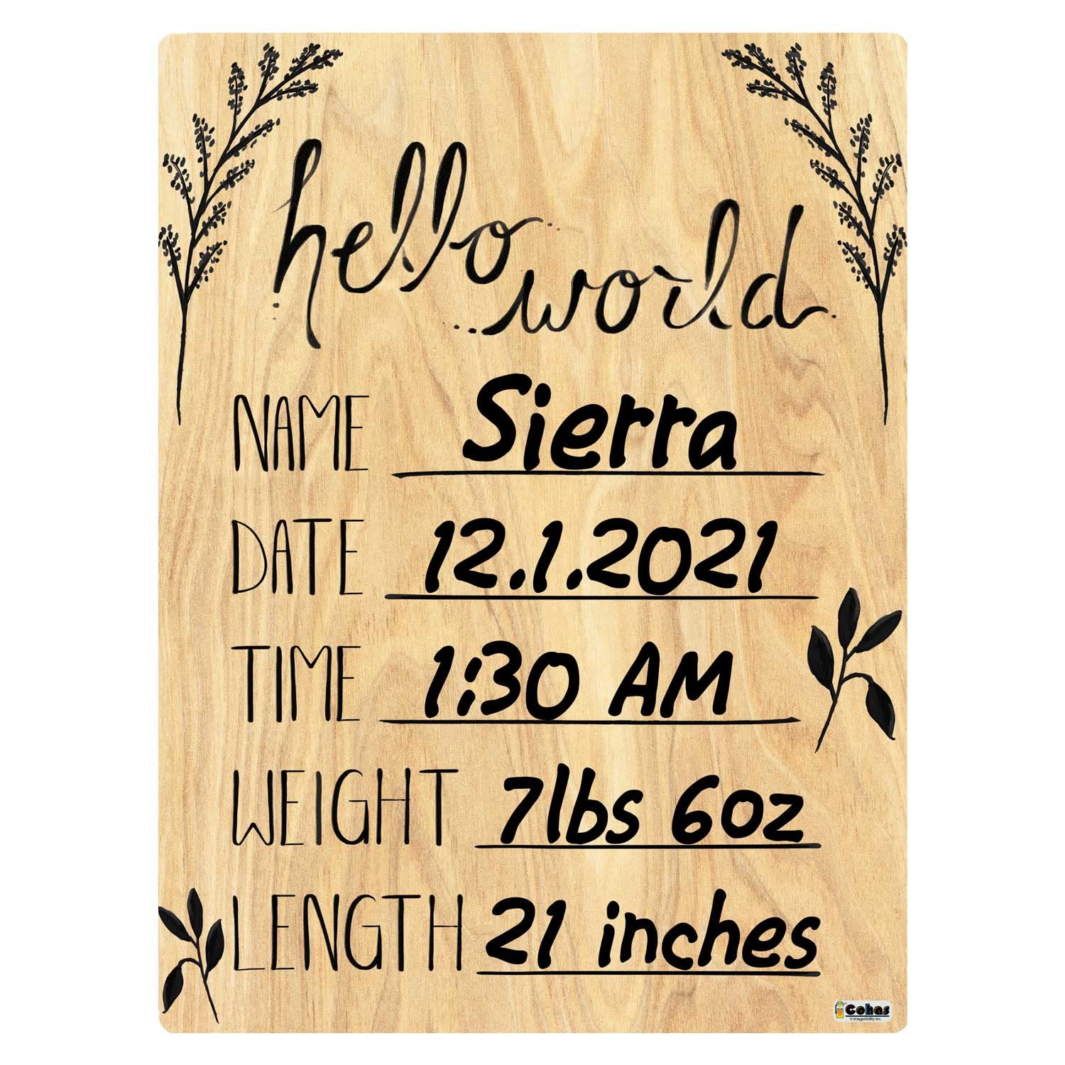 Cohas Hello World Newborn Baby Announcement Sign with Printed Wood Surface, 5 by 7 Inches, Black Marker
