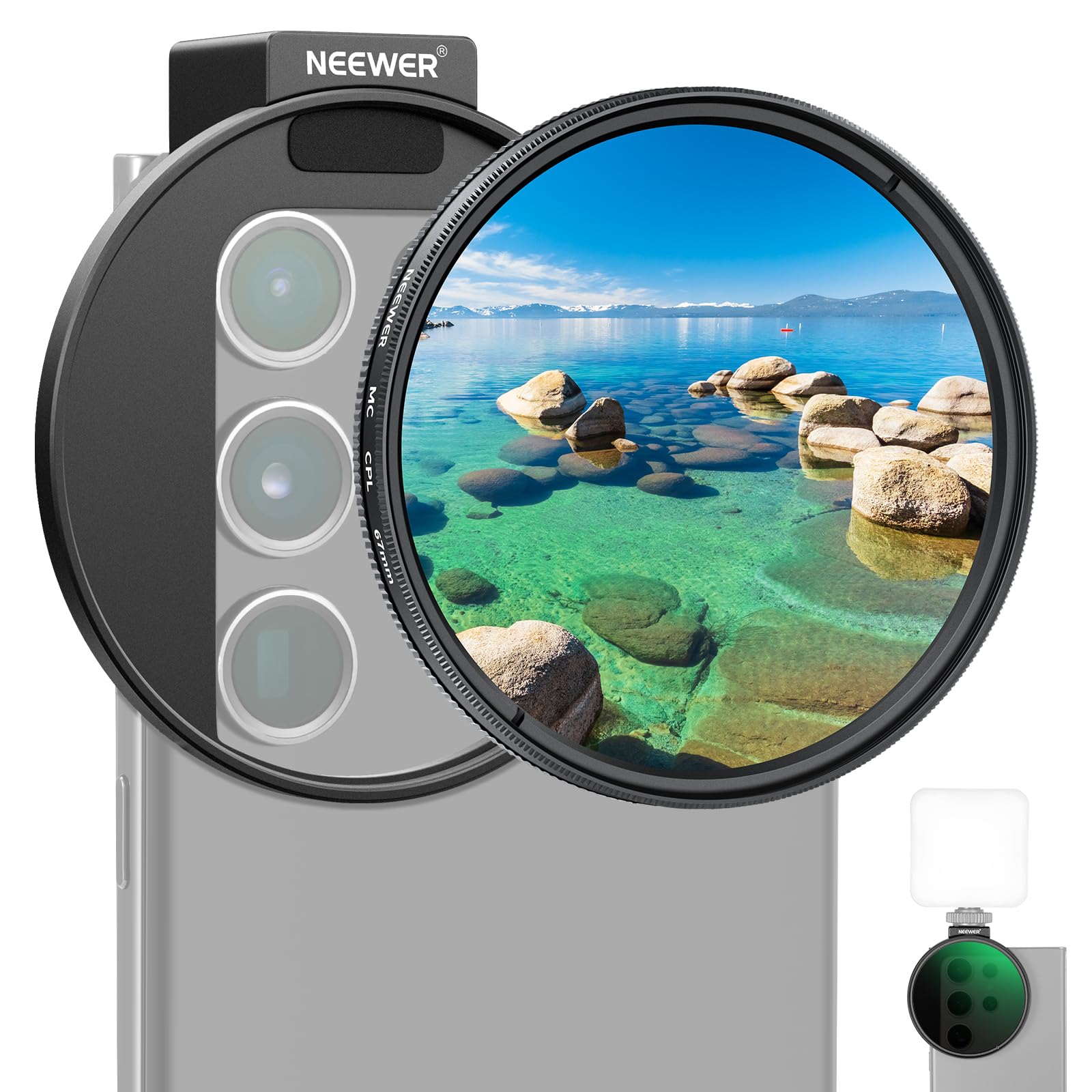NEEWER Clip On Phone Filter Kit, 67mm Multicoated CPL Filter with Cold Shoe Cell Phone Clamp, Carrying Case &amp; Cleaning Cloth Accessories Compatible with iPhone Samsung Android, FL-79