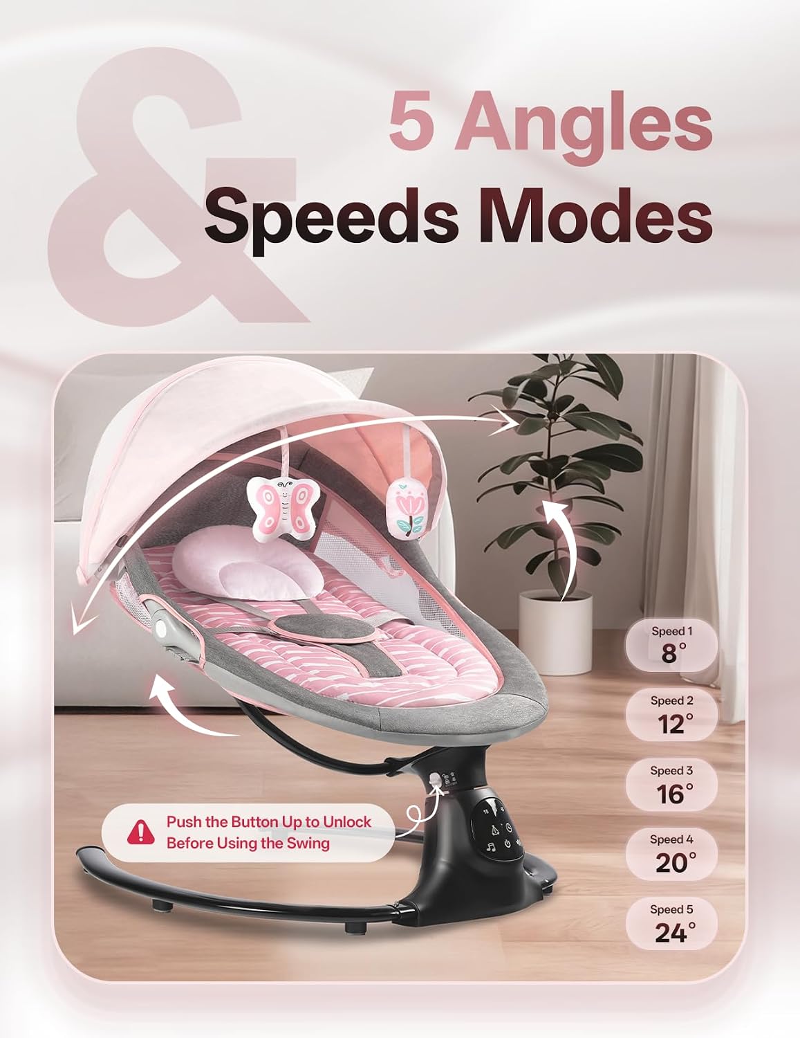 Baby Swing for Infants, 0-9 Months Baby Swing Support Music Playback, 5 Sway Speed, Electric Swing for Baby with Remote Control, Indoor & Outdoor Use (Pink)