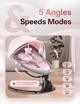 Baby Swing for Infants, 0-9 Months Baby Swing Support Music Playback, 5 Sway Speed, Electric Swing for Baby with Remote Control, Indoor & Outdoor Use (Pink)