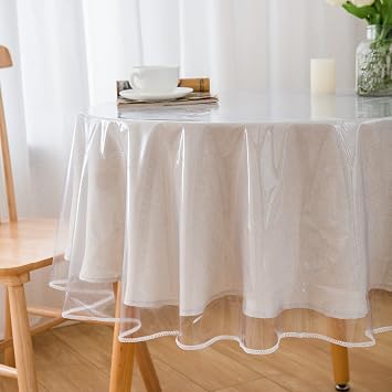 Pioggia Clear Heavy Duty Vinyl Tablecloth with Sewn Finished Edges Round Waterproof Oil-Proof Stain Resistant Plastic Table Cover Protector Round 60 Inch