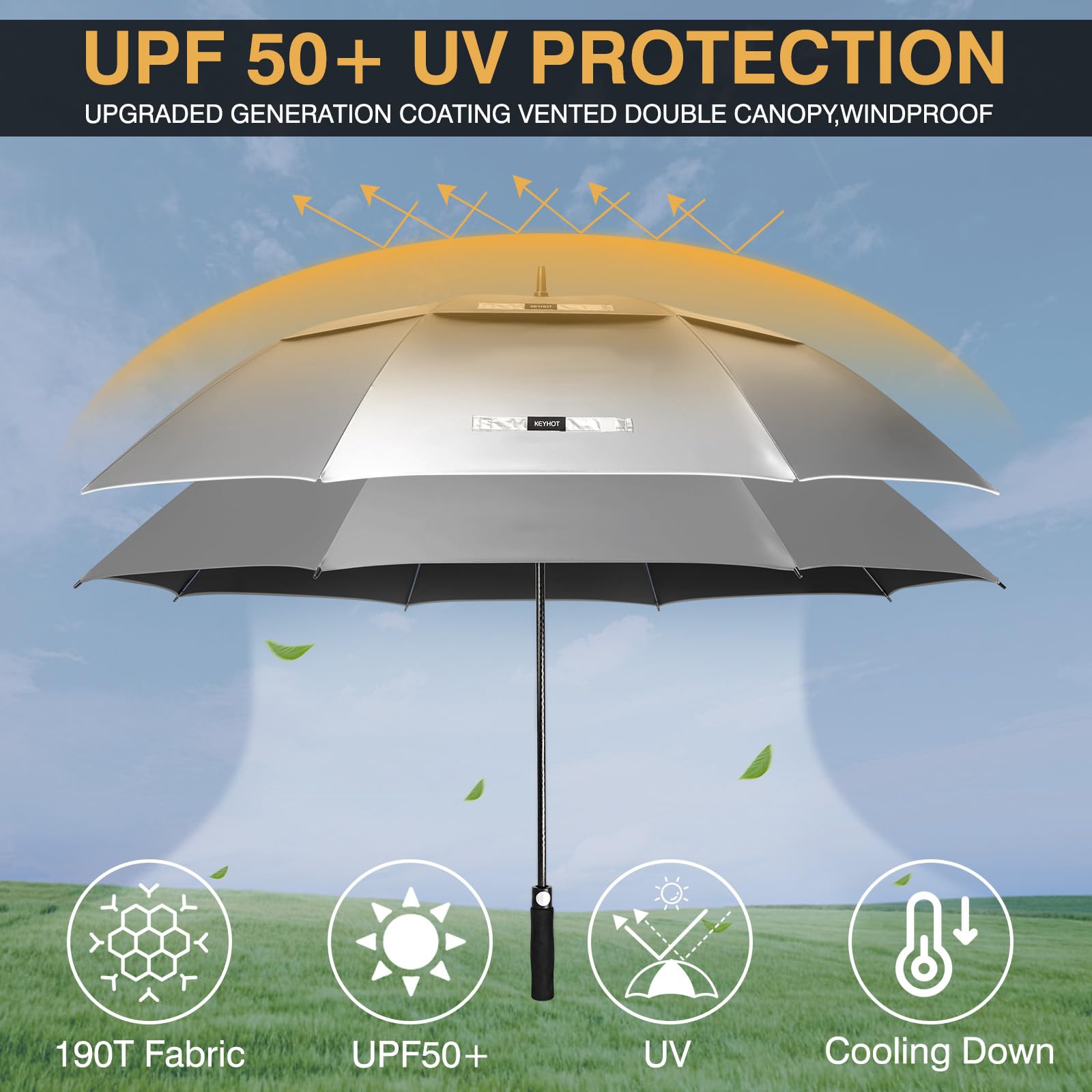 Grand Parapluie Golf Anti-UV - Anti Retournement Anti Vent Parapluie De Golf Automatique - XL/XXL Parapluies De Golf Anti UV 50 - Ombrelle Soleil Homme Femme