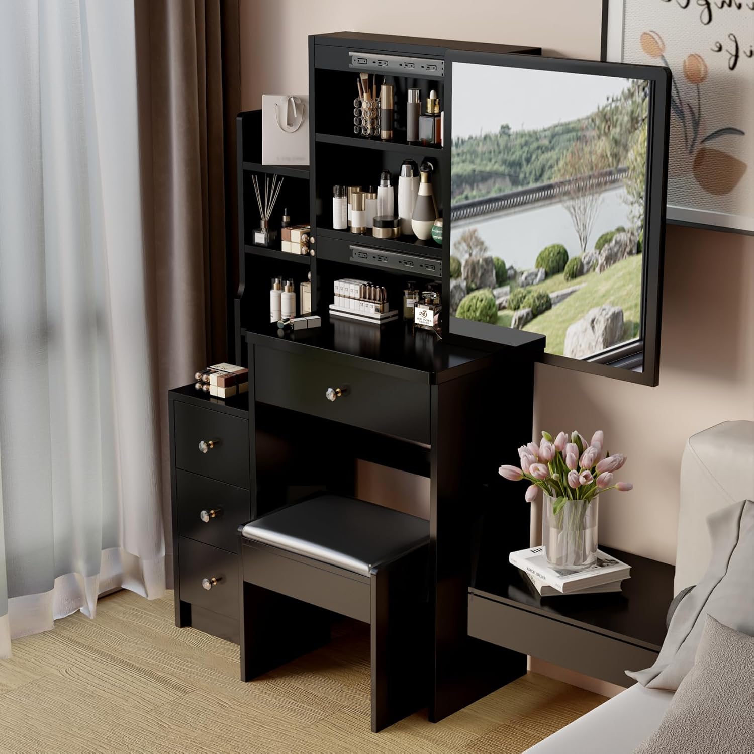 29.2" W Small Vanity Desk with Sliding Mirror, Black Makeup Vanity Set with 4 Drawers and 5 Shelves, Dressing Table with Cushion Stool for Bedroom, Girls and Women