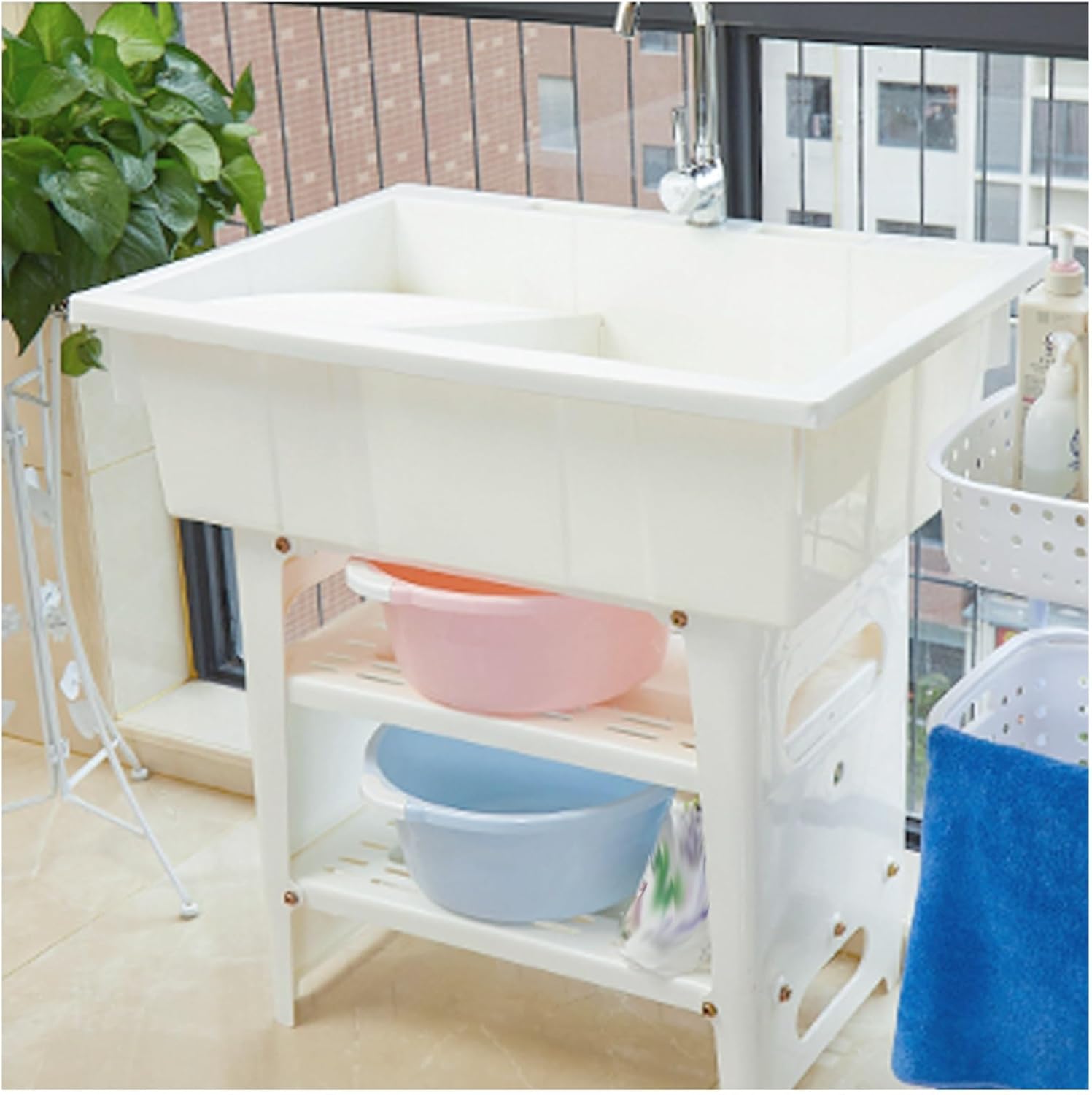 Plastic Sink, Freestanding Plastic Laundry Sink With Washboard, Indoor Outdoor Utility Sink, Utility Laundry Portable Handwashing Station, For Kitchen , RV, Garage, Garden ( Color : Blue , Size : Sing