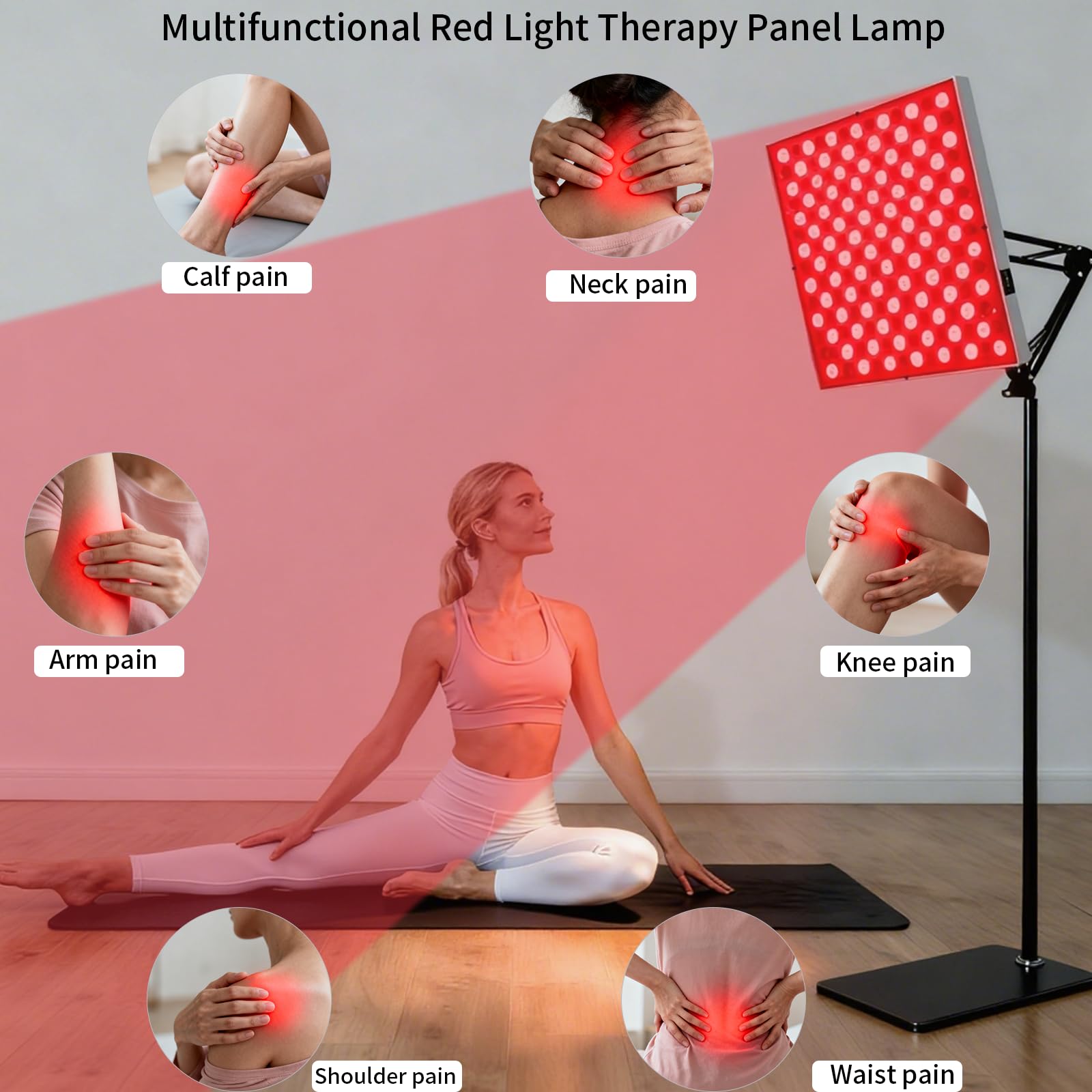 Lampe de luminothérapie rouge corps entier, panneau infrarouge 225 LED 660nm & 850nm carré 31×31 cm, 5 niveaux, 6 minuteries, mode pulsé 10 Hz, pied réglable (Blanc)
