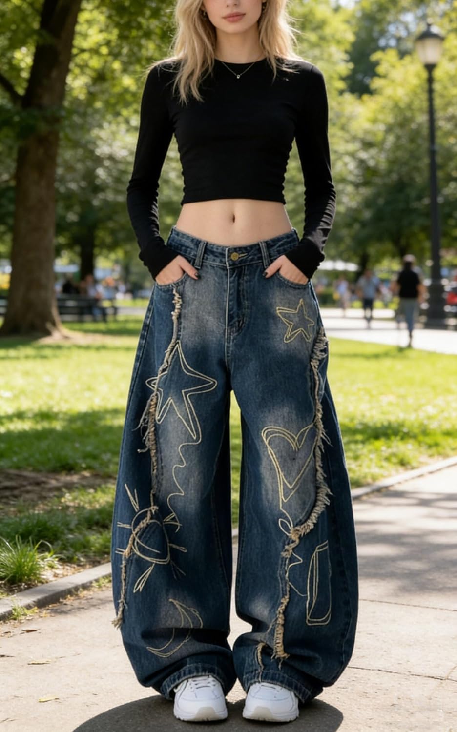 Unisex Y2K Graffiti Baggy Jeans – Vintage Wide Leg Oversized Streetwear Denim Pants with Star Heart Print - Image 2