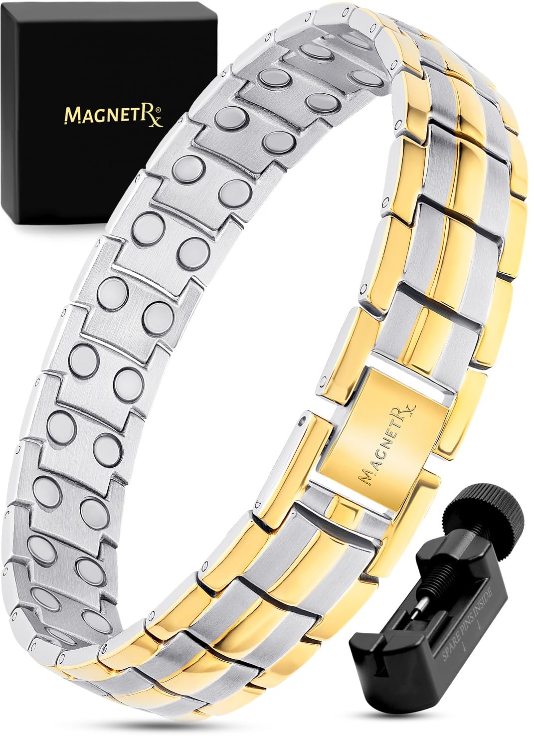 MagnetRX® Ultra Strength Mens Magnetic Bracelet - Effective Stainless Steel Magnetic Bracelets for Men - Adjustable Length Magnetìc Wristband with Sizing Tool (Silver & Gold)