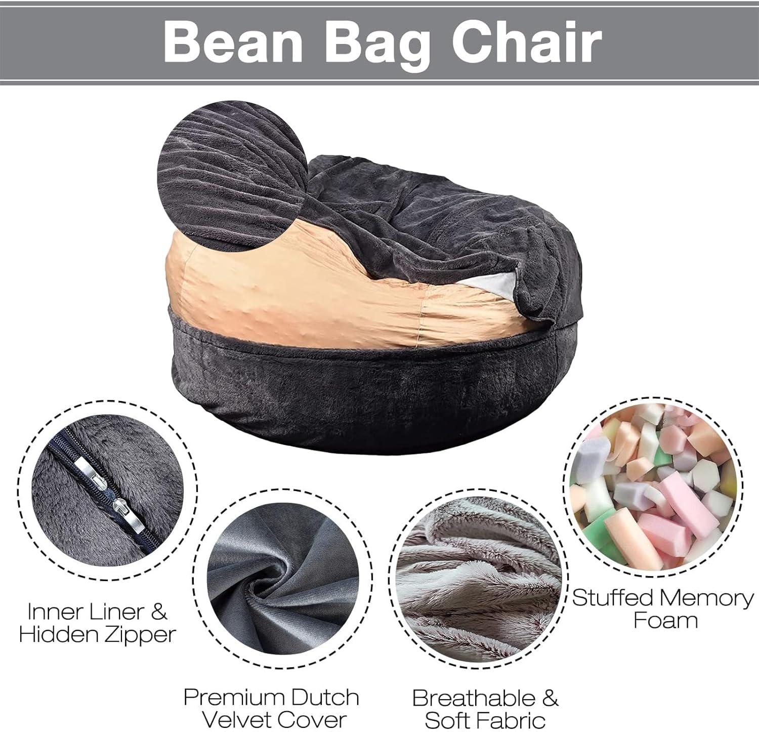 Bean Bag Chair Cover (No Filler) For Kids and Adults.Pets Dogs/Cats Lazy Beds, Soft Premium PV velvet Stuffable Bean Bag For Organizing Children Plush Toys or Memory Foam (7FT,Dark Gray)