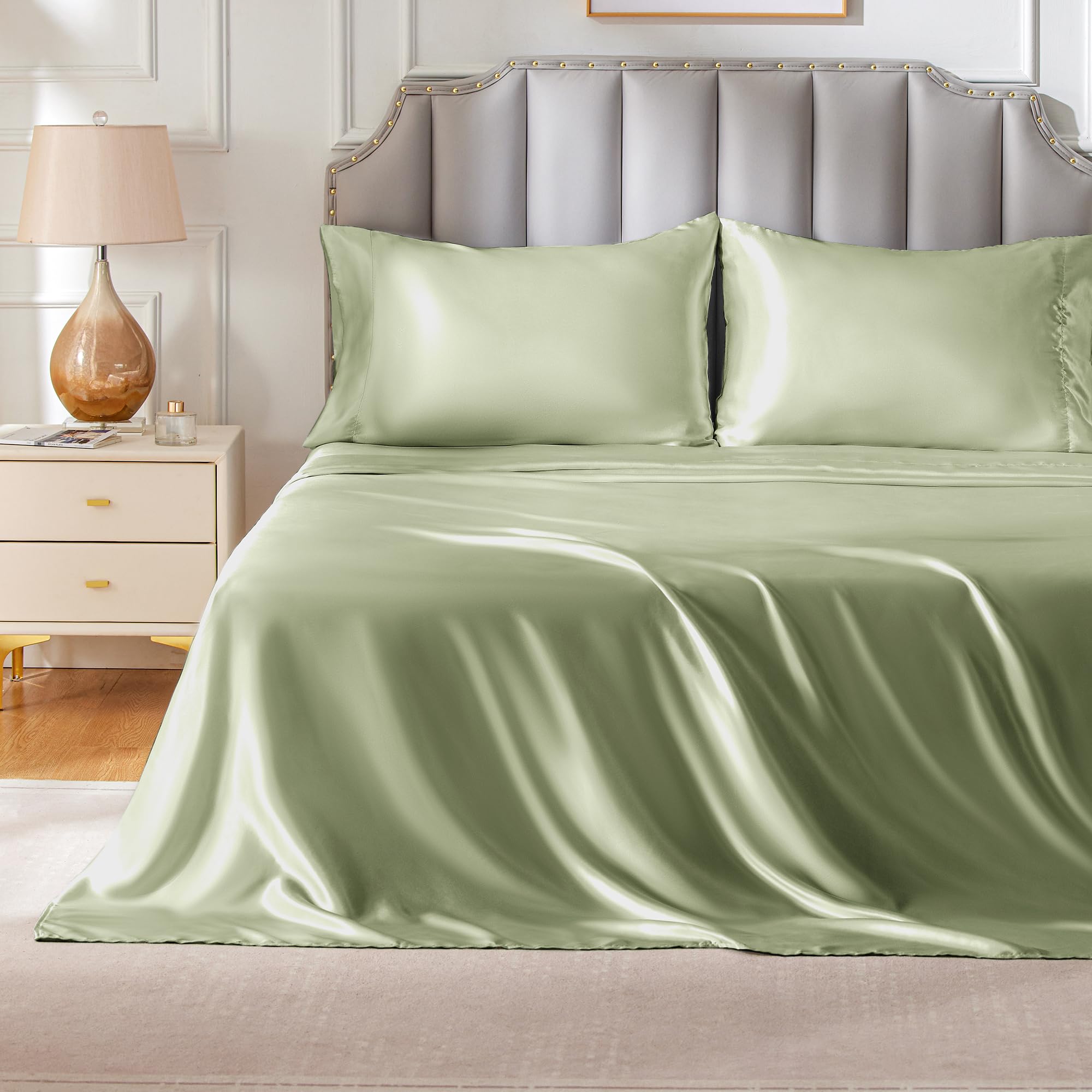 FreshCulture Satin Sheets Full Size - 4 Piece Luxury Soft Silky Full Size Bed Sheets, Similar to Silk Bed Sheet Set with 1 Deep Pocket Fitted Sheet, 1 Flat Sheet & 2 Pillowcases (Sage Green)OEKO-TEX STANDARD 100