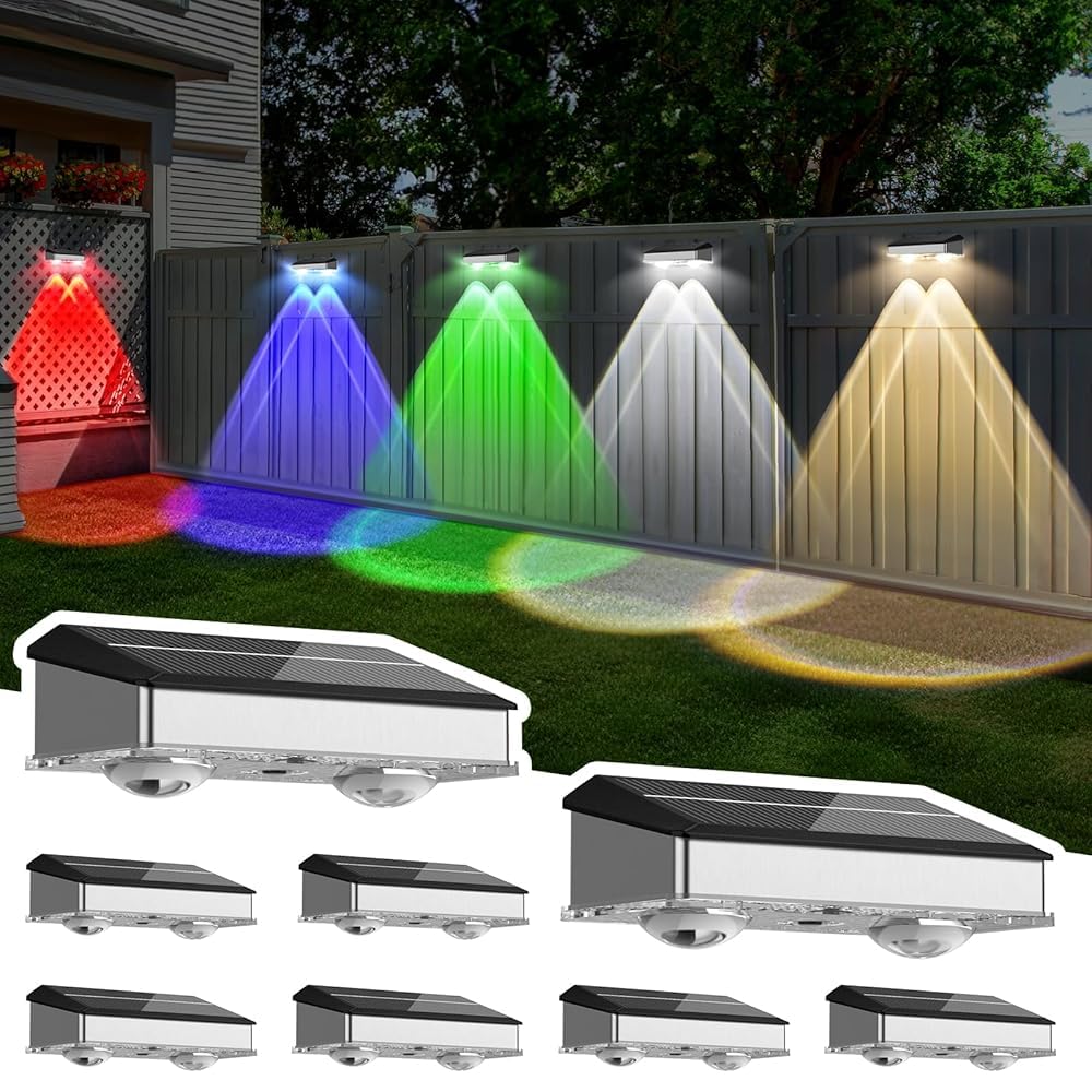 Bzavor Silver Pack Of 8 Solar Lights For Outdoor Garden, Ip65 Solar Wall Lights With 8 Rgb Light Modes, Outdoor Wall Lights For Garden, Wall, Fence, Balcony Decoration