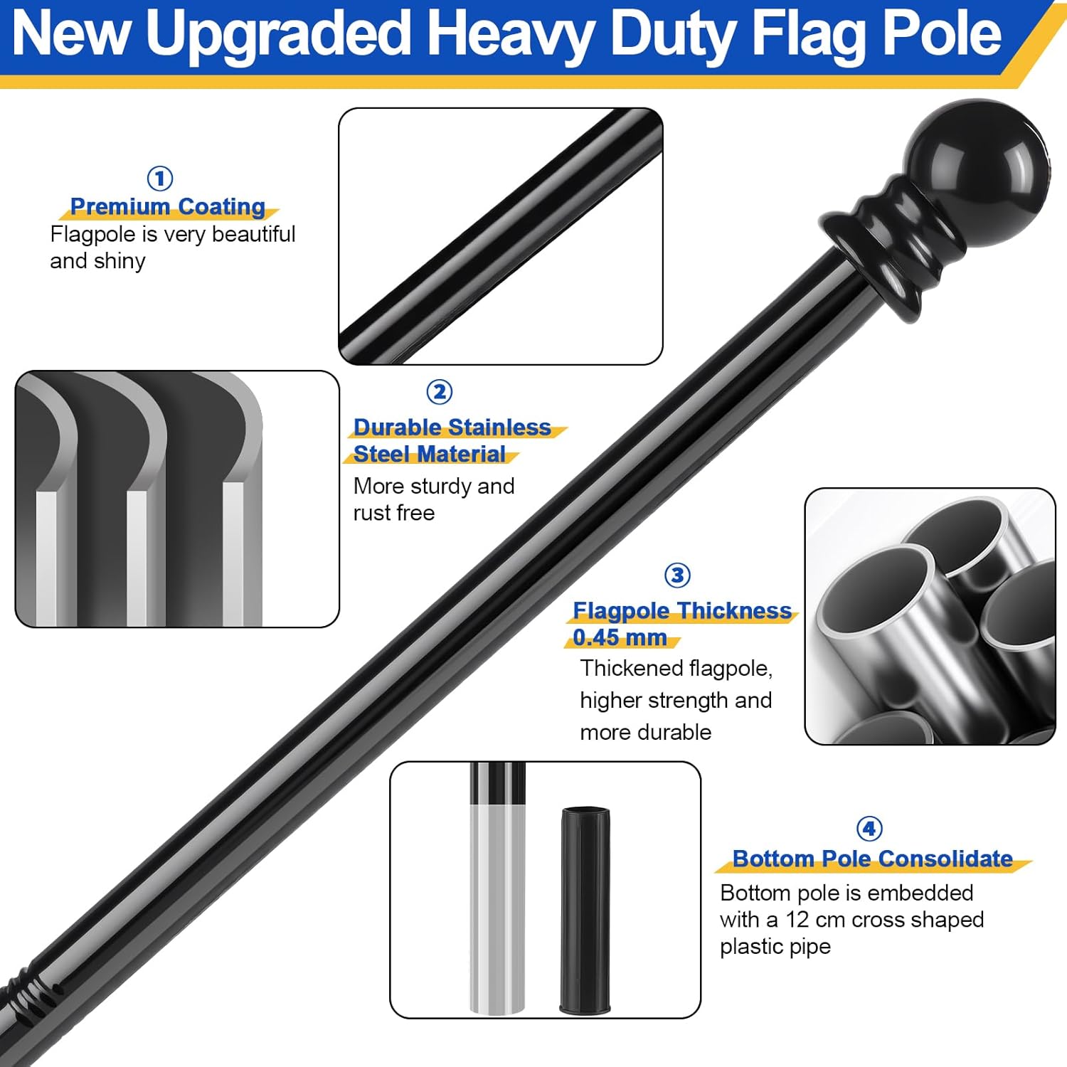 Flag Pole for Outside House, Heavy Duty Metal Flagpole for Residential, Outdoor or Porch, Stainless Steel Flag Poles, Upgraded Tangle Free Design, 1 Inch (5 FT, Black) - Image 2