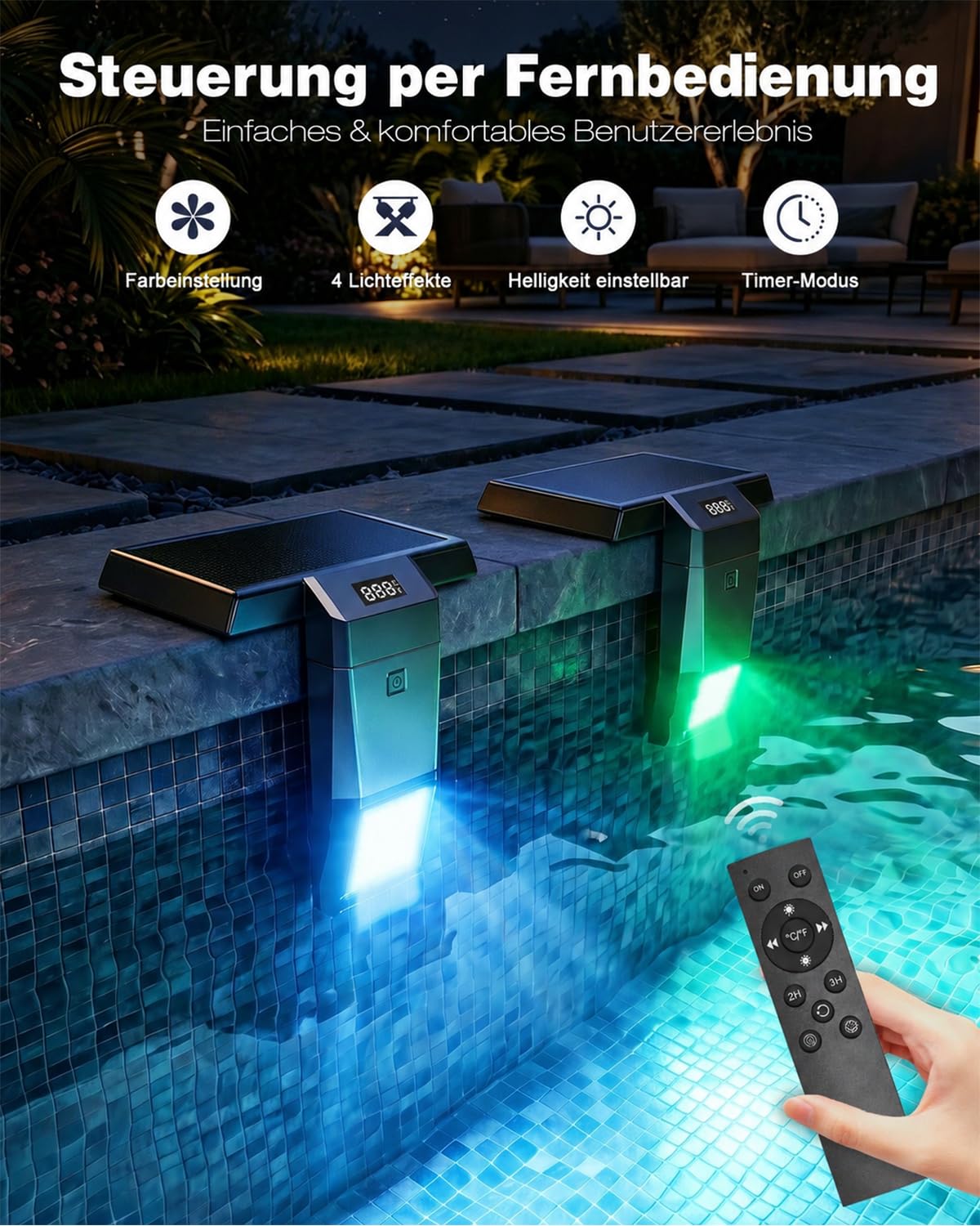 Teleskopierbar Poolbeleuchtung Solar mit Poolthermometer | RGB-Farbe, Einstellbare Helligkeit, Mit Fernbedienung, Unterwasser, Für verschiedene Poolarten