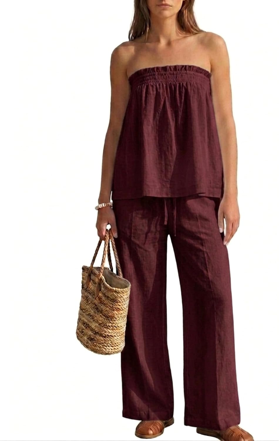 MAKABO 2 Piece Sets for Women Summer Tube Top Lounge Matching Trendy Wide Leg Pants Travel Airport Outfit