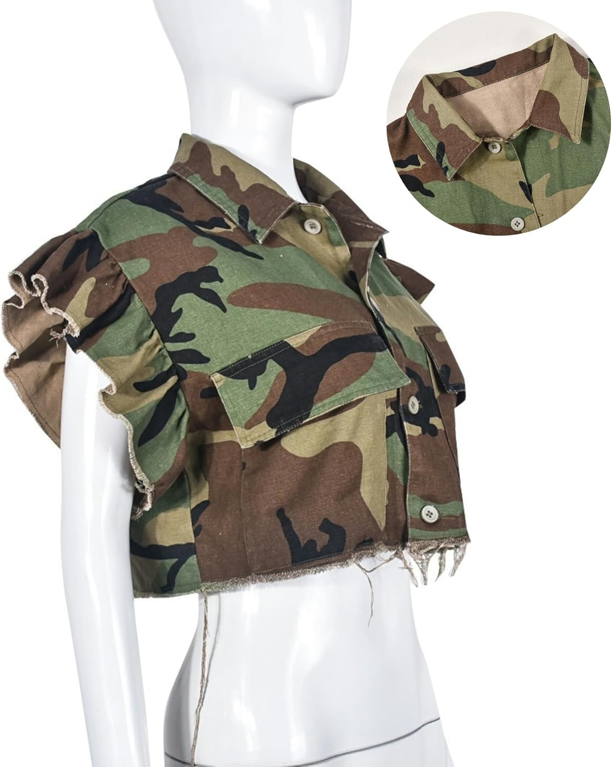 Vaceky Cropped Denim Jacket Women Distressed Camouflage Button Down Shirt Jean Jackets - Image 5