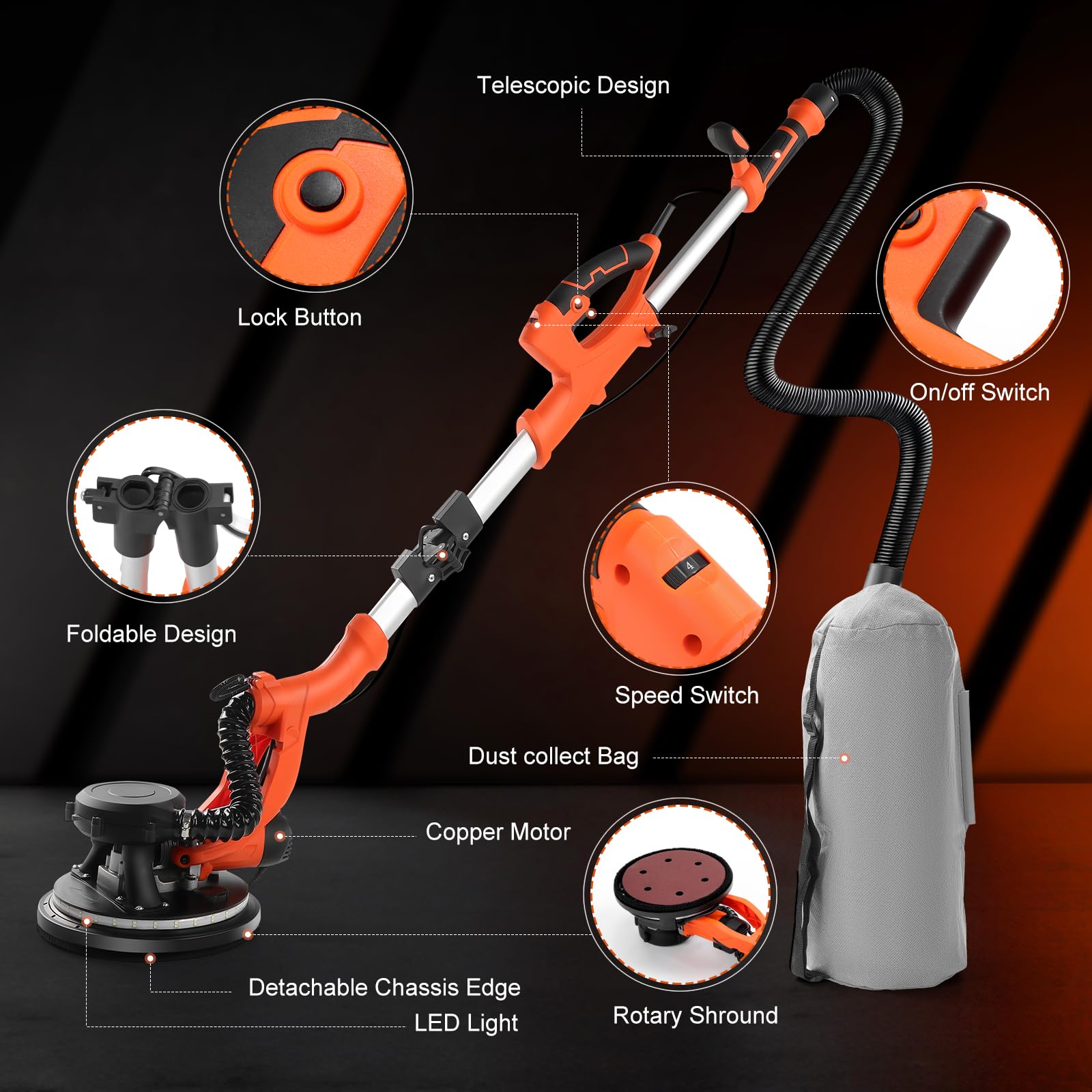 Trockenbauschleifer mit Absaugsystem, 1000W Deckenschleifer zum Entfernen von Popcorn-Decken, 1000-2100RPM, 5 Variable Geschwindigkeiten, LED-Licht, Faltbar & Ausziehbar, 12 Schleifscheiben, 220V
