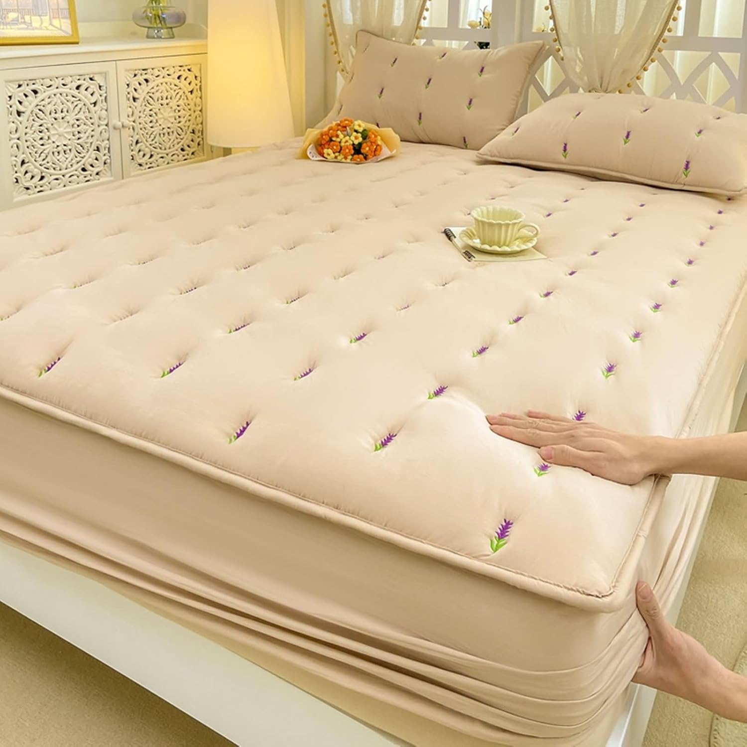 Beydodo Fitted Bed Sheets with Deep Pocket, Fitted Bed Sheet 120x200cm Solid Pink with Lavender Pattern, Polyester Fitted Bed Sheet for Dorm