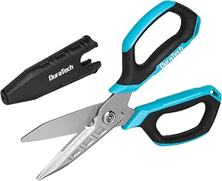 DURATECH 4-in-1 Multipurpose Scissors Heavy Duty, Stainless Steel Curved Serrated Sharp Shears for Fabric, Carpet, Leather, Cardboard, Gardening, Wire Cutter & Box Opener with Protective Cap