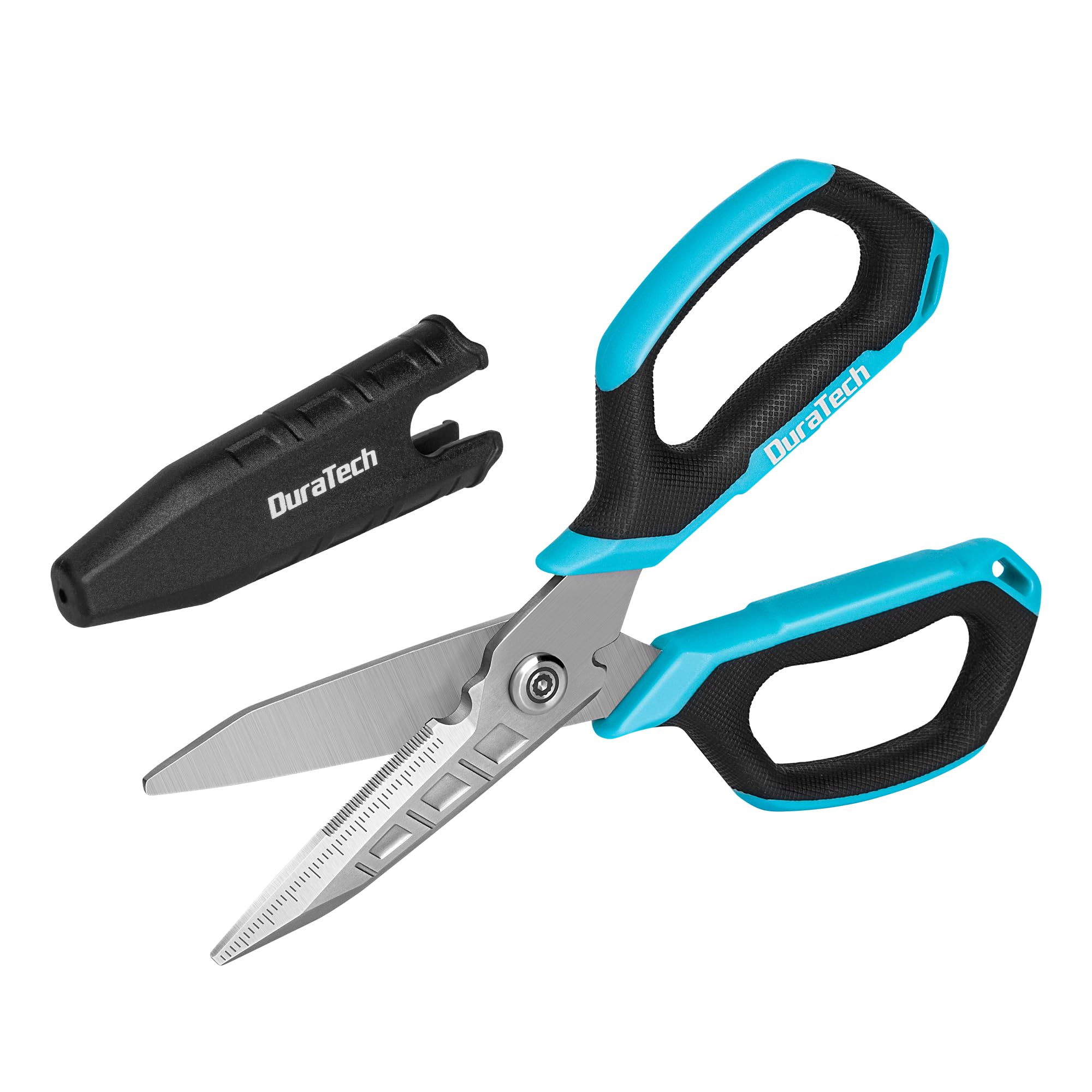 DURATECH Forbici Multifunzioni 4 in 1, Forbici Resistenti, Forbici in Acciaio Inox con Lama Curva e Seghettata, con Tronchese, Apriscatole e Cappuccio Protettivo, per Tessuto, Moquette, Pelle, Cartone